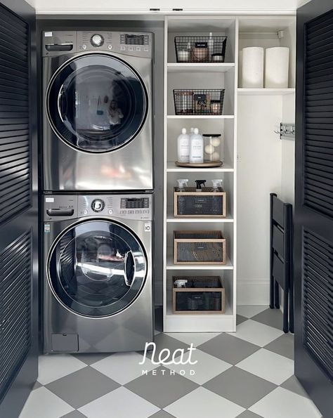 #laundryroom #storage #laundryroomideas Laundry Room Ideas For Stacked Units, Small Utility Room Ideas Organizing, Stacked Washer Dryer Laundry Room Closet, Laundry Closet Ideas Stackable, Laundry Room Design Stackable, Stackable Laundry Room Ideas, Washer Dryer Laundry Room, Mini Laundry, Stacked Laundry