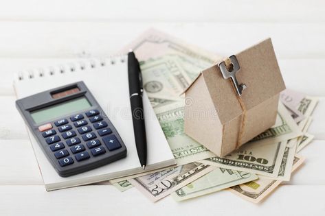 Model of cardboard house with key, calculator, notebook, pen and cash dollars. H , #affiliate, #pen, #notebook, #dollars, #cash, #calculator #ad Construction Loans, Real Estate Education, Mortgage Payoff, Mortgage Interest Rates, Mortgage Tips, We Buy Houses, Buying Your First Home, Closing Costs, Real Estate Information