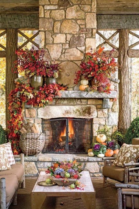 25+ Fall-inspired outdoor living spaces that are ultra-cozy Thanksgiving Table Settings Dollar Store, Thanksgiving Table Settings Rustic, Thanksgiving Table Settings Diy, Thanksgiving Decorations Outdoor, Thanksgiving Table Settings Simple, Halloween Party Decor Diy, Fall Fireplace, Christmas House Lights, Casa Halloween