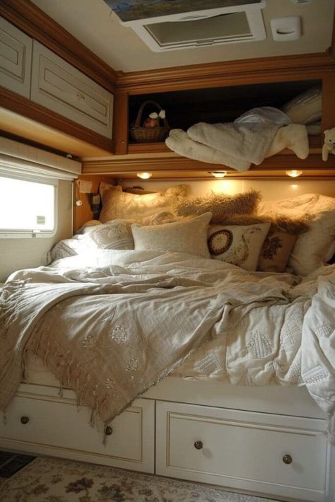 20 Ingenious Small RV Bedroom Ideas for Comfortable Travelling Rv Under Bed Storage Ideas Diy, Rv Bedroom Ideas, Collapsible Shelves, Curtain Divider, Rv Bedroom, Hanging Wardrobe, Small Nightstand, Small Rv, Tiny Closet