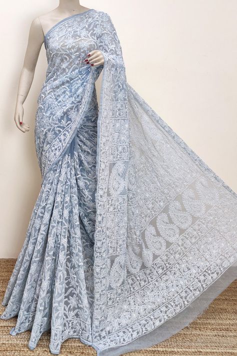 Grey Colour Georgette Allover Lucknowi Chikankari (Saree with Blouse) MC252971 Chikankari Saree Georgette, Chickenkari Saree, Lucknowi Saree, Lucknowi Chikankari Saree, Chikankari Saree, Sarees For Girls, Face Skin Care Routine, Half Sarees, Lucknowi Chikankari