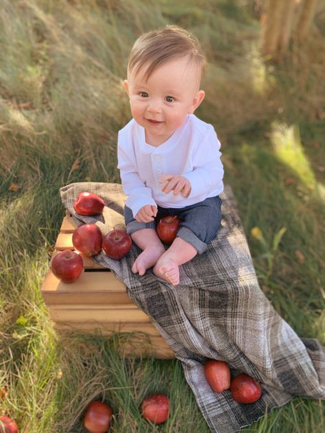 Photoshoot With Apples, Baby Apple Orchard Pictures, Baby Apple Photoshoot, Apple Photoshoot, Apple Orchard Pictures, Fall Baby Photos, Fall Photoshoot Family, Apple Crate, Baby Apple