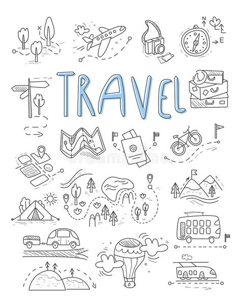 Logo Voyage, Travel Doodles, Camping Icons, Travel Journal Pages, Zestaw Ikon, Travel Journal Scrapbook, Travel Drawing, Doodle Style, Travel Icon