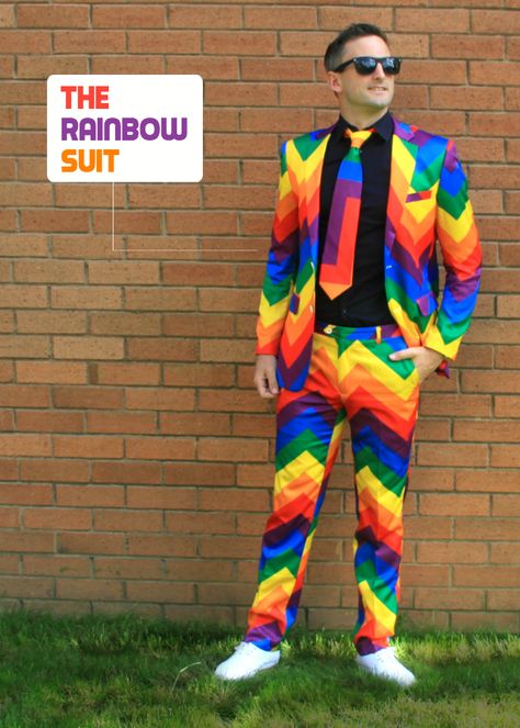 The Rainbow Suit & Tie | FruitySuits: Stand out from the bunch Rainbow Suit, Rainbow Wedding Theme, Cinderella Outfit, Jumper Suit, Pride Shoes, Suit Tie, Rainbow Wedding, Outfits Hombre, Rainbow Outfit