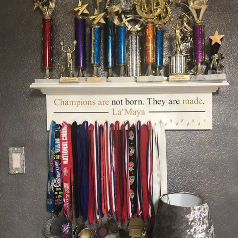 Award Metal Organizer, Trophy Display Shelves, Running Medal Display, Trophy Ideas, Medal Displays, Swimming Medals, Trophy Shelf, Trophy Engraving, Trophy Display