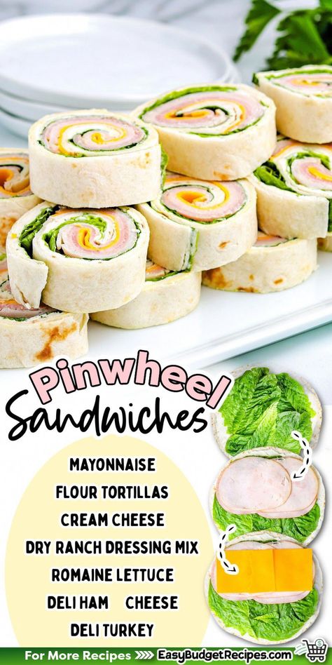 Do you need a quick and easy no-bake appetizer? These pinwheel sandwiches use simple ingredients and take only twenty minutes to make. This recipe is perfect for any holiday party! Summer Pregnancy Lunches, Pinwheel Board Ideas, Pinwheel Recipes Turkey, Ham And Turkey Pinwheels, Deli Food Ideas, Turkey Pinwheel Appetizers, Simple Picnic Food Ideas, Turkey And Cheese Pinwheels, Pack Lunch Ideas