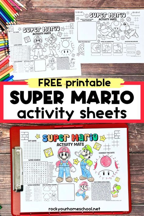 Two examples of Super Mario activity mats and example on red clipboard. Homeschool Electives, Best Homeschool Curriculum, Character Questions, Dots Game, Rainy Day Fun, Summer Fun For Kids, Pre K Activities, Activity Mat, Birthday Centerpieces