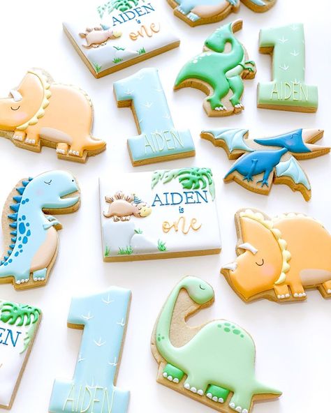 Nina Marie Sweet Designs on Instagram: “Dinosaur cookies from Aiden’s 1st Birthday! 🦖🦕🧡” Boys 1st Birthday Cake, First Birthday Cookies, West Australia, Theme Cookies, Dinosaur Birthday Party Decorations, Dinosaur Birthday Cakes, Dinosaur Cookies, Baby Birthday Decorations, Dinosaur Themed Birthday Party