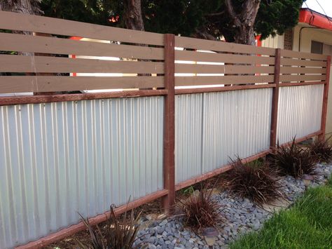 Wood And Sheet Metal Fence, Galvanized Metal Retaining Wall, Corogated Metal Fence, Wood And Corrugated Metal Fence, Tin And Wood Fence, Metal Siding Fence, Corrugated Metal And Wood Fence, Corrugated Fence Ideas, Coragated Fence Ideas