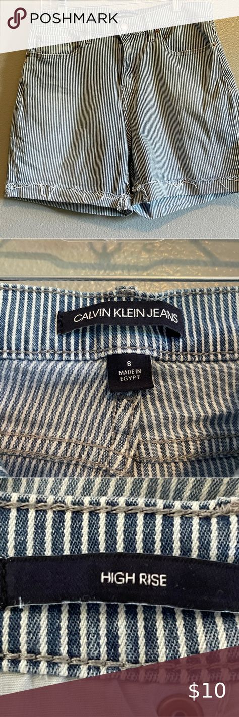 Calvin Klein‎ Size 8 High Waist Railroad Striped in Blue & White  Cotton Shorts White Cotton Shorts, Calvin Klein Pants, Cotton Shorts, Stripes Pattern, White Cotton, Dress Shop, Calvin Klein, The Beach, Blue White