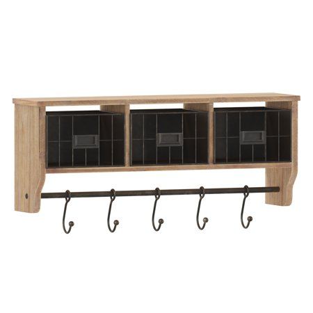 Form meets function in this multipurpose wall mounted storage shelf ideal for your entryway, bedroom, or bathroom. Featuring 3 wire baskets with label slots and 5 suspended adjustable hooks capable of holding up to 10 pounds, finding a dedicated space for your keys, coats, measuring cups, washcloths, and hand towels has never been easier. This mounted shelf also boasts an upper shelf to display photos or decor adding understated elegance to any room. Sturdy, inlayed hanging hardware and included Hanging Storage Shelves, Wood Storage Rack, Wall Mounted Storage Shelves, Rustic Coat Rack, Wire Basket Storage, Coat Rack Shelf, Wall Hanging Storage, Wire Storage, Cubby Storage