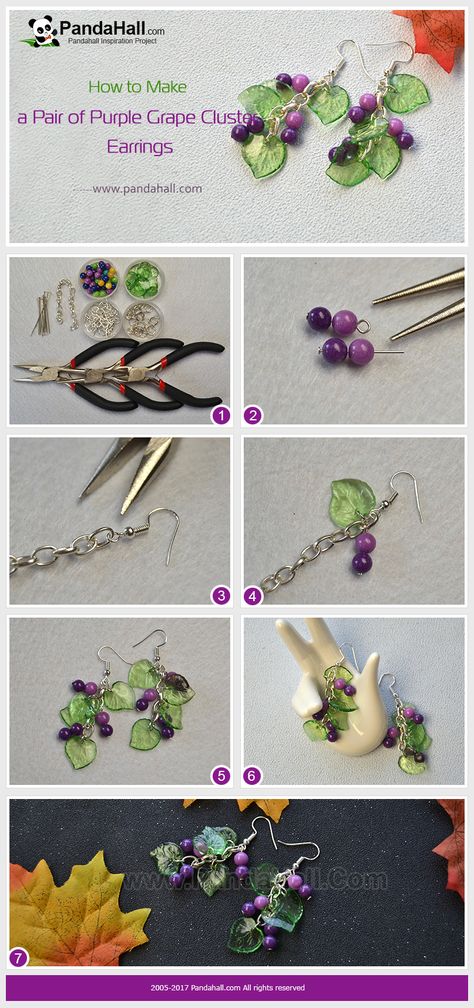 Pandahall DIY Idea on Purple Grape Cluster Earrings Make purple jade beads and green acrylic leaf pendants into dangles and connect them onto a short piece of cross chain. At last, by adding an earring hook, you will get a pair of grape cluster earrings. Grape Earrings Diy, Beaded Grapes, Grape Jewelry, Flower Earrings Diy, Flower Beading, Berry Earrings, Men Stone Bracelet, Grape Earrings, Blue Berry