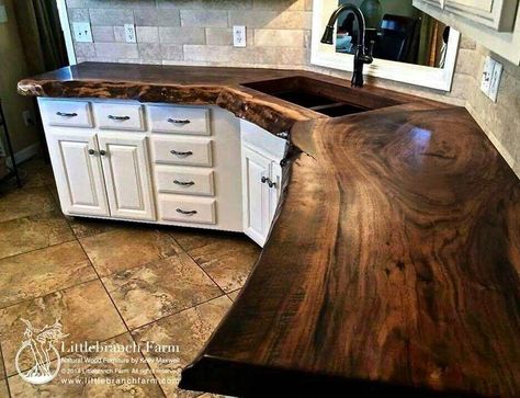 Granite countertops are so overdone. I love the traditional rustic look of wooden countertops. What do you think? Natural Wood Furniture by Kelly Maxwell of LittleBranch Farm. 🌳www.littlebranchfarm.com  Wood is a traditional countertop material that has lost prominence over the years due both to the widespread popularity of granite and other solid surfaces, and to the mistaken perception that wood can harbor germs and bacteria. In fact, according to a 1993 University of Wisconsin study in which Wood Counters, Dapur Rustic, Koti Diy, Cabinets Painted, Wood Countertop, Wood Countertops, Farmhouse Style Kitchen, Counter Top, Küchen Design