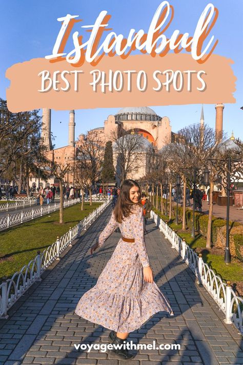 Best photo spots in Istanbul, a girl standing in front of Hagia Sophia Most Instagrammable Places In Istanbul, Istanbul Photoshoot Ideas, Hagia Sophia Photo Ideas, Hagia Sophia Outfit, Istanbul Photo Spots, Istanbul Vacation Outfits, Istanbul Instagram Spots, Istanbul Pose Ideas, Istanbul Outfit Ideas Spring