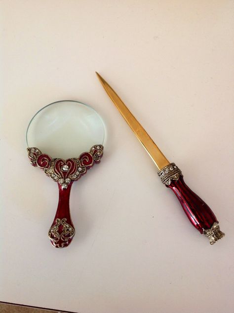 #vintage letter opener and magnifying glass. Perfect to set out in office or on a side table. Letter Opener Aesthetic, Magnifying Glass Aesthetic, Letter Opener Vintage, Antique Magnifying Glass Vintage, Letters To Juliet, Antique Letter Opener, Character Designing, Stationary Inspiration, Desk Sets