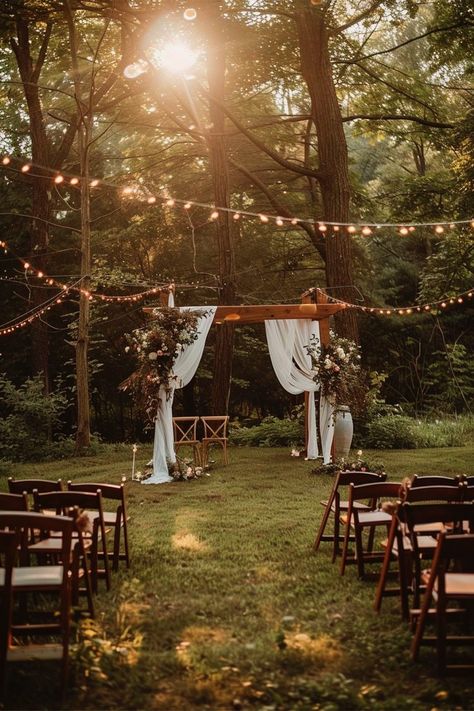 Back Garden Wedding Ideas, Garden For Wedding, Forest Backyard Wedding, Outdoor Wedding Lighting Ideas Backyards, Wedding In The Garden Decoration, Wedding By Pond Ideas, November Wedding Outdoor, Backyard Ceremony Decor, Garden Vibe Wedding