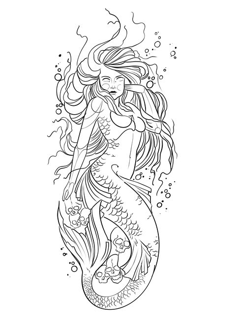 Realistic Mermaid Drawing, Mermaid Outline, Mermaid Sleeve Tattoos, Rose Tattoo On Back, Animal Stencil Art, Traditional Tattoo Stencils, Siren Tattoo, Mermaid Tattoo Designs, Arm Sleeve Tattoos For Women