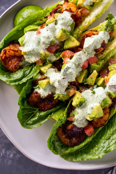 Spicy Shrimp Taco Lettuce Wraps | Gimme Delicious Lettuce Wraps Taco, Lettuce Shrimp Tacos, Shrimp Lettuce Wraps Recipes, Keto Lettuce Wraps, Fish Lettuce Wraps, Lettuce Wrap Ideas Low Carb, Lettuce Wrap Low Carb, Taco Fillings Ideas, Healthy Food Truck Ideas