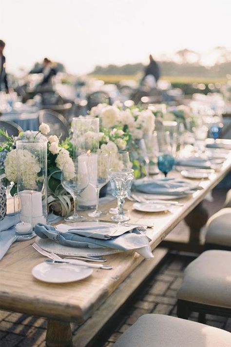 Blue Wedding Ideas, Pelican Hill Wedding, Blue Table Settings, Blue Hydrangea Wedding, Baby Blue Weddings, Pelican Hill, Wedding Color Trends, Dusty Blue Wedding, Wedding Colours