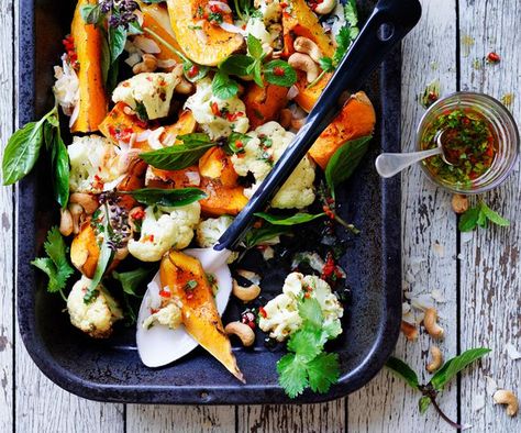 Add some brightness to your roasted cauliflower and pumpkin with zesty chilli and lime cashews and the fresh, light flavour of coconut. Pumpkin Cauliflower, Pumpkin Seeds Baked, Roast Pumpkin Salad, Crispy Green Beans, Cauliflower Couscous, Rosemary Roasted Potatoes, Pumpkin Salad, Christmas Side, Christmas Side Dishes