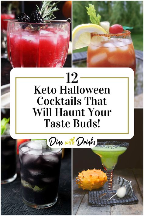 Collage of 4 keto halloween cocktails. Spiked Punch Recipes, Halloween Party Drinks Alcohol, Keto Halloween, Halloween Themed Drinks, Sugar Free Cocktails, Halloween Punch Recipes, Alcoholic Punch Recipes, Halloween Party Drinks, Low Carb Cocktails