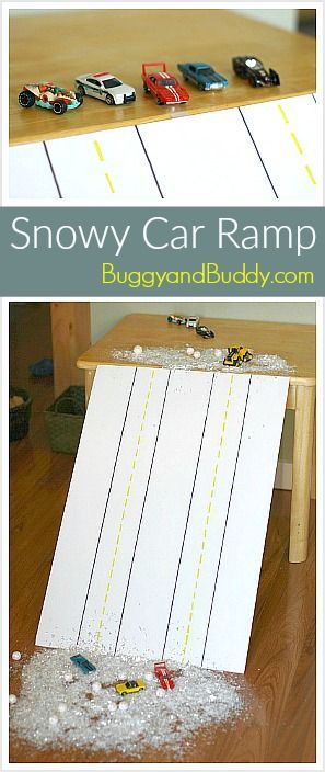 Snowy Ramp Car Play: Bring the snow inside! (Perfect activity for a rainy or snowy day) ~ BuggyandBuddy.com Inside Activities For Kids, Kindergarten Centres, Kindergarten Provocations, Inside Activities, Snow Inside, Car Ramp, Indoor Car, Rainy Day Activities For Kids, Winter Science