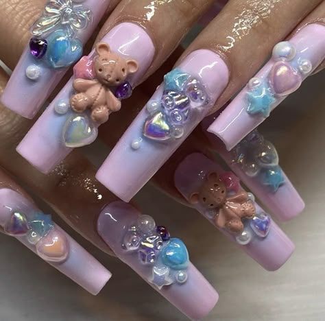 Juicy Couture Acrylic Nails, Kawaii Charm Nails, Charm Nails, Junk Nails, Bears Nails, Goth Nails, Cute Acrylic Nail Designs, Dope Nail Designs, Really Cute Nails