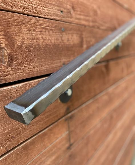 2x1 Hammered Metal Handrail Raw Straight Cut - Etsy Pool Railing, Metal Handrail, Metal Handrails, Narrow Staircase, Lag Bolts, Wall Railing, Railing Ideas, Metal Doors, Handrail Brackets