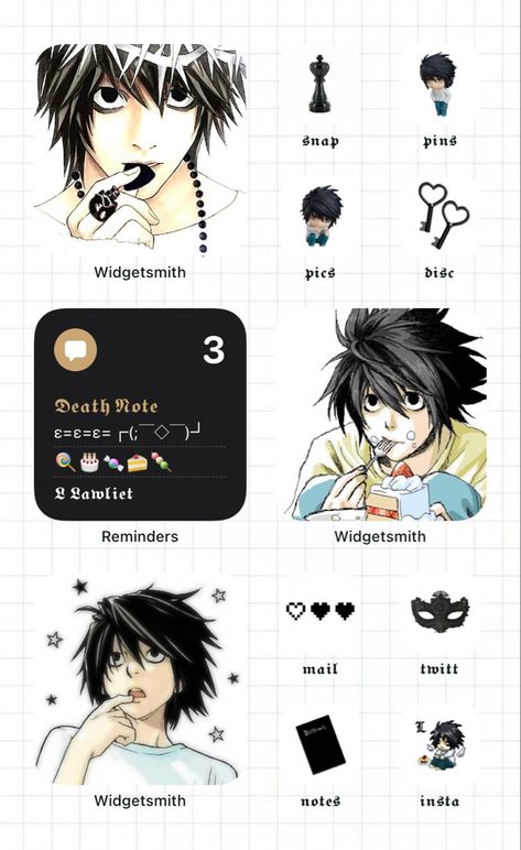 Deathnote Homescreen Layout, Lawliet Aesthetic, Note It Ideas App, Wallpaper Layout, Emo Roblox Avatar, L Wallpaper, Phone Layouts, Custom Ipad, L Lawliet