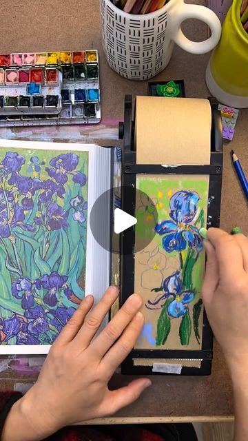 Joy Ting Charde on Instagram: "Iris season!!!! Using Van Gogh’s “Irises” painting from 1889 as a warm up. 💜 

#artpractice #pentel #oilpastelart #oilpastels #vangoghinspires #vangogh #mixedmedia #artstudy #sketching #mixedmediaart" Van Gogh Lilies, Vincent Van Gogh Irises, Irises Van Gogh, Can Gogh Iris, Van Gogh Irises, Iris Art, Oil Pastel Art, Art Practice, Art Studies