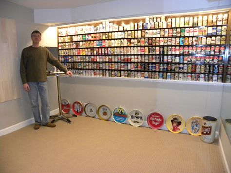 Warren built cantilevered shelves to hold his beer can collection. Can Collection, Beer Display, Beer Can Collection, Vintage Soda Bottles, Beer Top, Beer Wall, Beer Collection, Beer Art, Display Wall