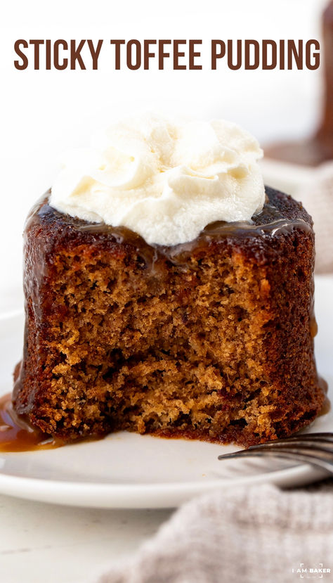 Sticky Toffee Pudding is a warm, sweet, and sticky dessert that combines the natural sweetness of dates with a rich toffee sauce. Then, each individual pudding is topped with whipped cream, more toffee sauce, and a sprinkle of kosher salt. This classic English dessert is sure to satisfy even the sweetest tooth and is perfect for all of your holiday menus! Toffee Dessert, Cookbook Organization, Whipped Cream Desserts, English Desserts, Toffee Sauce, Christmas Recipes Easy, Toffee Pudding, Sticky Toffee Pudding, Vanilla Whipped Cream