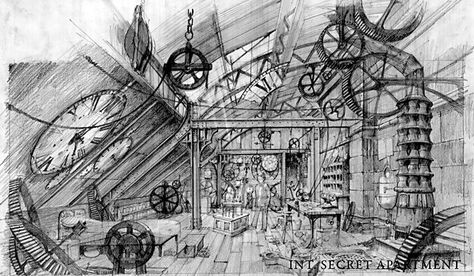 A secret apartment...in Paris...behind clocks...head exploding with the awesomeness!! Script Analysis, Hugo Cabret, George Melies, Apartment In Paris, Theatre Design, Stage Set, Scenic Design, Martin Scorsese, Movie Sets