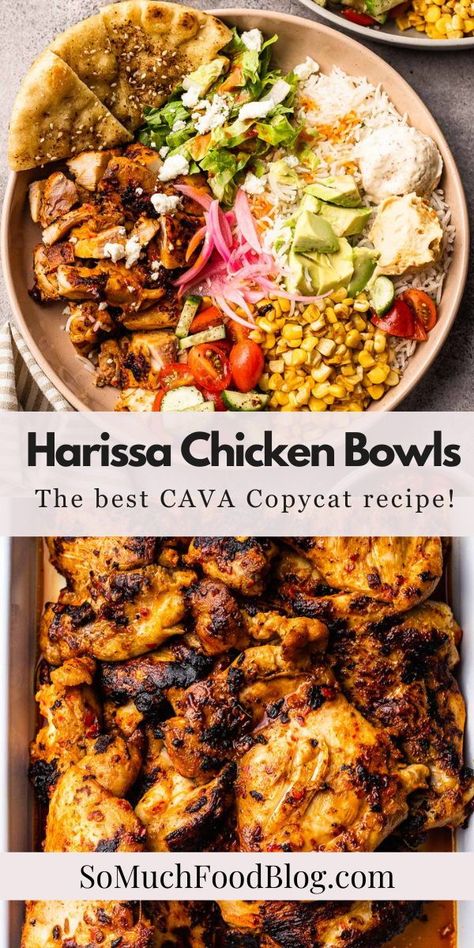 These Harissa Chicken Bowls are inspired by the popular bowl at CAVA! Loaded with tender harissa-marinated chicken, steamed rice, veggies, and drizzled with a tangy harissa vinaigrette. Cava Greek Bowl, Cava Harrisa Chicken, Cava Lemon Chicken Bowl Copycat, Honey Harissa Chicken Bowl, Cava Chicken Marinade, Food Boards Dinner, Harissa Avocado Bowl Cava, Hummus Bowl Chicken, Cava Harissa Avocado Bowl