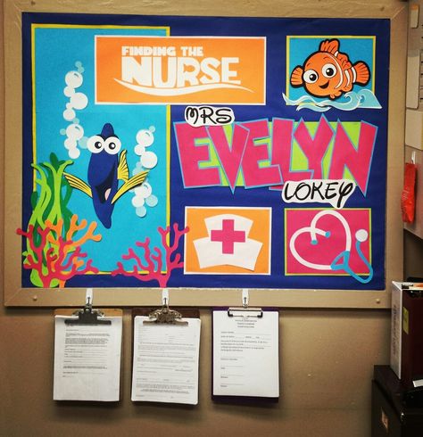 School nurse bulletin board using the Best of Pixar Cricut cartridge. I Re-made the Finding Nemo logo to say Finding the Nurse. So fun! I used Mickey Font cartridge for the name. I printed the Disney font from a free website. (have a link in my S-cool board) The nurse cap and stethoscope  I cut freehand but I'm sure you can find one to print and cut out. So fun! Nurse Bulletin Board Ideas, School Nurse Bulletin Board Ideas, School Nurse Office Door, School Nurse Door, Nurse Bulletin Board, School Nurse Office Decorations, Pediatrician Office, Health Bulletin Boards, Nurse Ideas