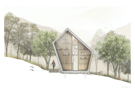 Pasithéa, by Sofia Nikolaidou and Angeliki Tzifa, is a finalist entry in the international architectural competition Vale De Moses Meditation Cabins organized by Bee Breeders. The proposal is located near Oleiros, Portugal and consists of a series of meditation cabins, nested within the surrounding landscape, and connected by a network of pathways. #architecture #house #fashion #decor #diy #homedecor #amazingarchitecture #interiordesign #contemporanyhome #modern #residence #designer Pathways Architecture, Meditation Cabin, Meditation Hut, Outdoor Meditation, Eco Cabin, Wooden Cladding, Architectural Competition, House Fashion, Modern Residence