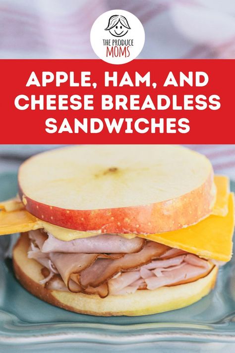 Close up image of a breadless sandwich. Ham, cheese and mustard sandwiched between two circular apple slices. Breadless Lunch Ideas, No Bread Sandwich Ideas, No Bread Meals, Breadless Sandwich, Healthy Bread Alternatives, Make A Sandwich, Low Carb Sandwiches, Healthy Cafe, Lunch Prep