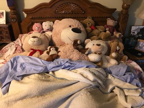 Bears in quarantine Bed Full Of Plushies, Teddy Bear On Bed, Huge Teddy Bears, Bear Bed, Bear Family, Comfy Blankets, Warm Bed, Late Spring