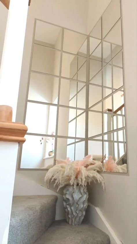 Stair Landing Decor, Landing Decor, Ikea Mirror Hack, Diy Mirror Wall, Staircase Wall Decor, Ikea Mirror, Staircase Wall, Staircase Decor, Hallway Designs