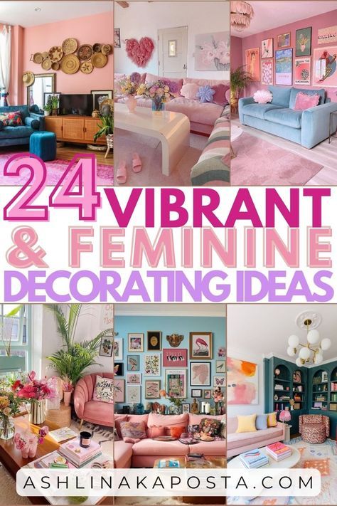 24 Feminine & Vibrant Living Room Styling Ideas that will boost your mood — ASHLINA KAPOSTA Blue And Pink Maximalism, Small Whimsical Living Room, Dopamine Living Room Decor, Colorful Eccentric Living Room, Vibrant Feminine Aesthetic, Small Girly Living Room Ideas, Pretty Room Decor Ideas, Artist Living Room Inspiration, Cute Living Room Designs