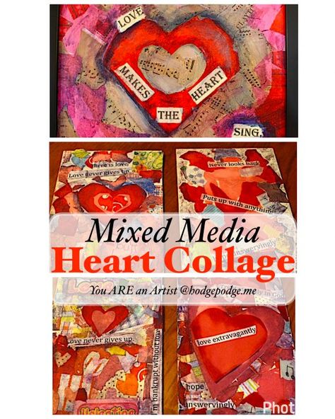 Mixed Media Heart Collage with Acrylics and homemade modgepodge - so much fun for Valentine's Day or any time of the year! Homeschool Valentines, Heart Art Projects, Kids Valentines Day, Mixed Media Art Projects, Heart Collage, Red Tissue Paper, Art Lessons Middle School, Kids Camp, Mixed Media Acrylic