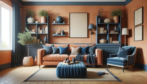 terracotta and navy blue living room Navy Rust And Sage Living Room, Navy Blue And Terracotta Living Room, Blue Terracotta Living Room, Cognac And Blue Living Room, Terracotta Living Room Ideas, Terracotta Couch, Red Brick Living Room, Blue And Copper Living Room, Terra Cotta Living Room