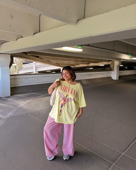 gingham pants + band tee?! uh yes 🌼🍒 Large Tee Shirt Outfit, Baggy Band Tee Outfit, Baggy Band Tee, Band Tee Outfits, Tee Shirt Outfit, Gingham Pants, Comfy Fashion, Tee Outfit, Big Fashion