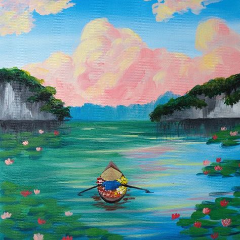 Vietnam Art Painting, Canoe Paddle Art, Vietnam Halong Bay, Bay Painting, Vietnam Painting, Paddle Ideas, Halong Bay Vietnam, Vietnam Art, Canoe Paddle