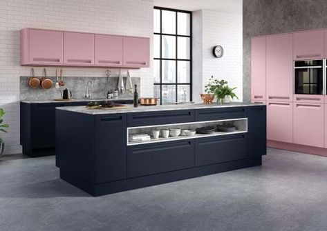 Blue And Pink Kitchen, Kitchen With Kitchen Island, Grey White Kitchen, Laura Ashley Kitchen, Handleless Kitchen, Barn Kitchen, Kitchen Mood Board, Kitchen Showroom, Shaker Kitchen