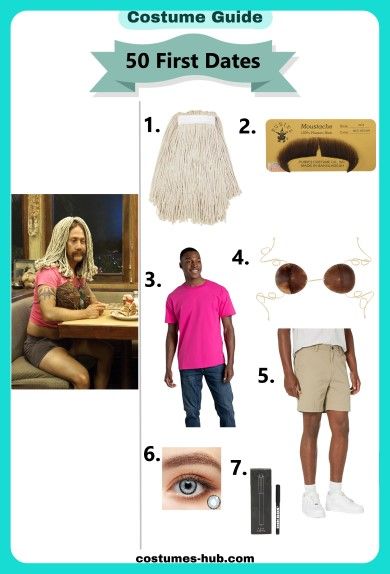 50 First Dates Costume Lucy 50 First Dates Costume, 50 First Dates Halloween Costume, Ula Halloween Costume 50 First Dates, Adam Sandler 50 First Dates, 50 First Dates Costumes, Adam Sandler Halloween Costumes, Adam Sandler Costume Ideas, Mustache Shirt, Adam Sandler Movies