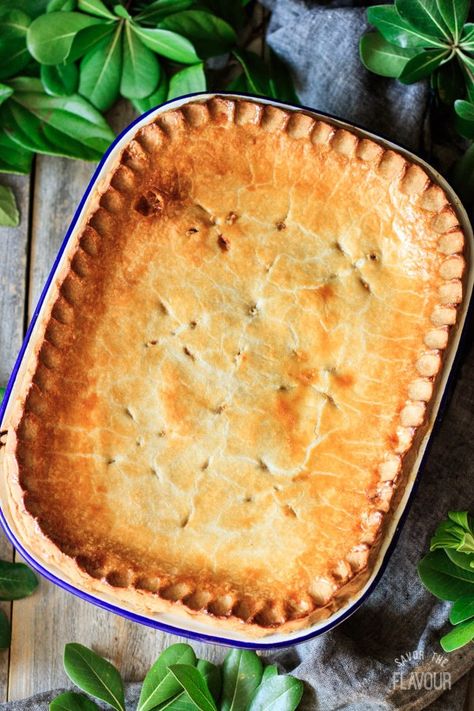 Chunky Beef and Potato Pie: this English meat pie is a hearty comfort food dinner that the whole family will love. Learn how to make super easy hot water crust pastry and a simple beef stew packed with onions and other veggies. | www.savortheflavour.com #beef #potato #meatpie #english #baking English Meat Pie, Beef And Potato Pie, Meat And Potato Pie, Pickle Pie, Hot Water Crust Pastry, Meat Pie Recipe, Cheese Potato, Easy Beef Stew, Hearty Comfort Food