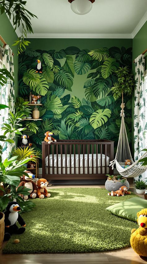 Nursery Room Ideas Jungle Nursery Ideas, Rainforest Nursery, Jungle Kids Room, Kids Jungle Room, Nursery Room Ideas, Lush Rainforest, Nordic Nursery, Patterned Fabrics, Jungle Mural