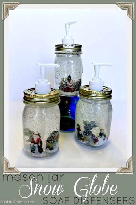 Dollar Store Mason Jar Snow Globe Soap Dispensers - Mad in Crafts Mason Jar Snow Globe, Uses For Mason Jars, Jar Projects, Jars Snow, Mason Jar Projects, Mason Jar Soap Dispenser, Diy Snow Globe, Diy Jar Crafts, Christmas Mason Jars