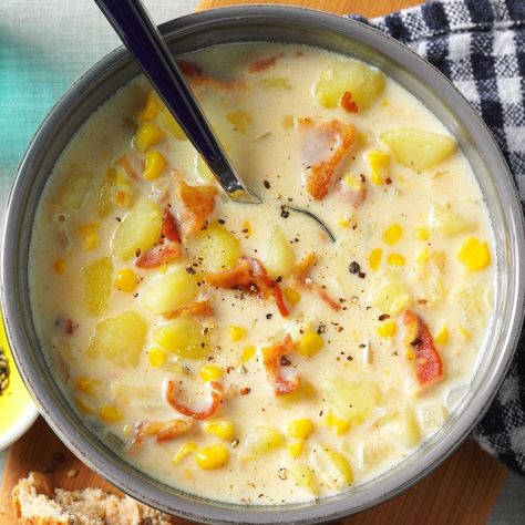 Bacon-Potato Corn Chowder Bacon Potato Corn Chowder, Bacon Corn Chowder, Potato Corn Chowder, Corn Chowder Recipe, Bacon Potato, Chowder Recipe, Best Soup Recipes, Winter Soups, Corn Chowder